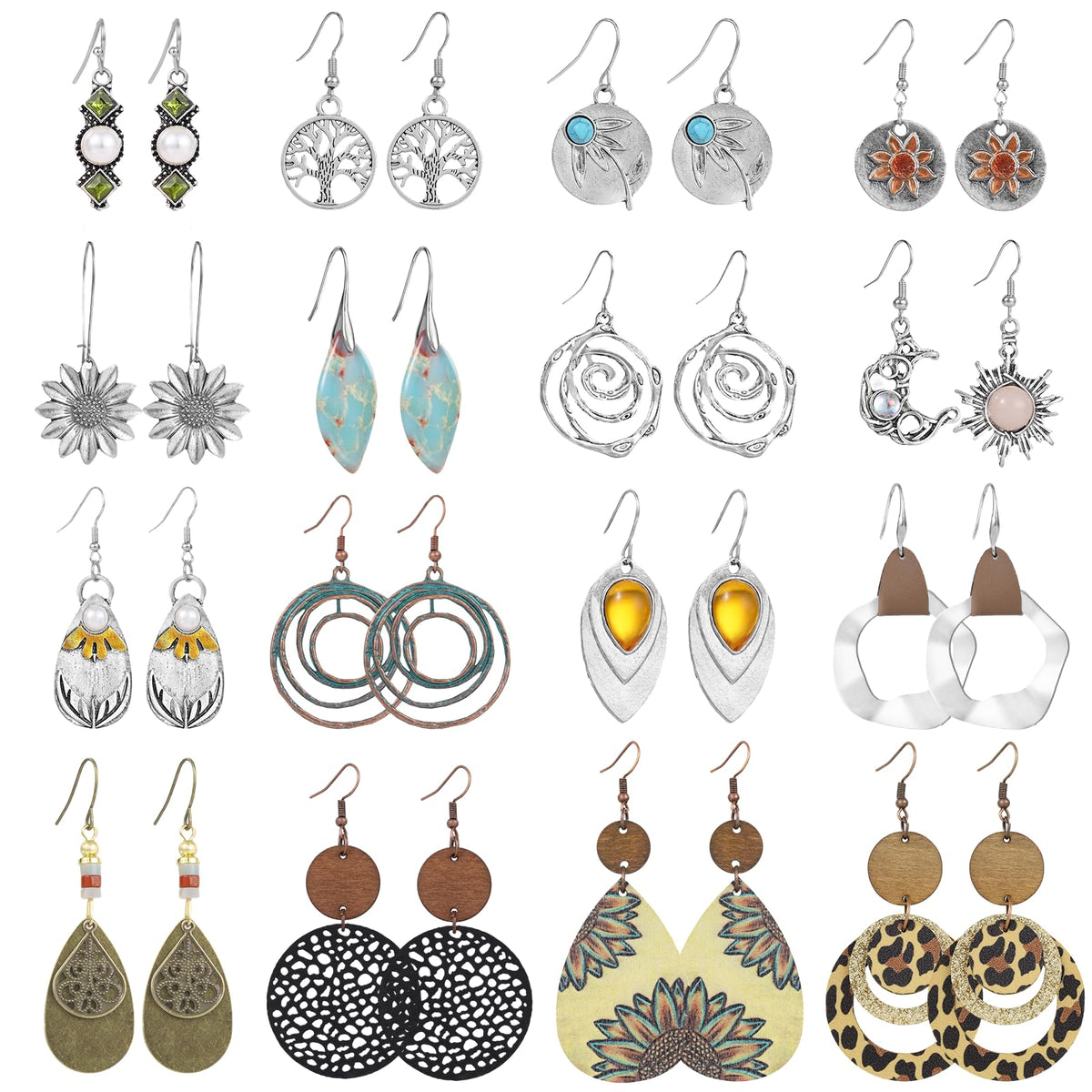 16 Pairs Earrings for Women Trendy, Funtopia Boho Dangle Earrings for Women | Vintage Statement Sunflower Round Geometric Earrings Wooden Leather Earrings