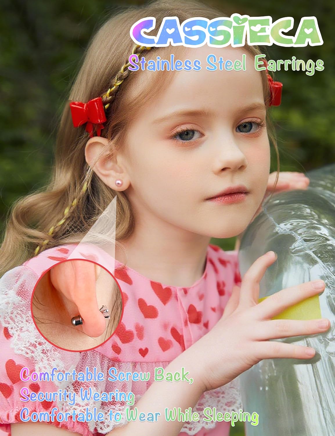 CASSIECA 16Pairs Hypoallergenic Flat Back Earrings for Girls Stud Earrings | Screwback Stud Earrings,FlatBack For Girls Kids Toddler Women,Surgical Steel,Cute Pearl Heart Flower Studs,Jewelry Gift