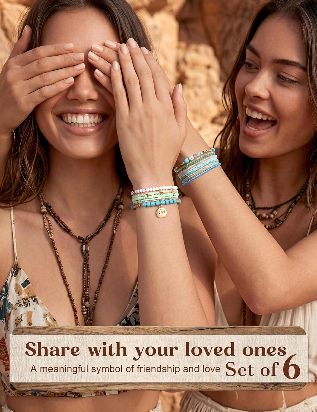 6 Sets Bohemian Stackable Bead Bracelets for Women Stretch Bohemian Style Stretch Multilayered Boho Bracelet Set