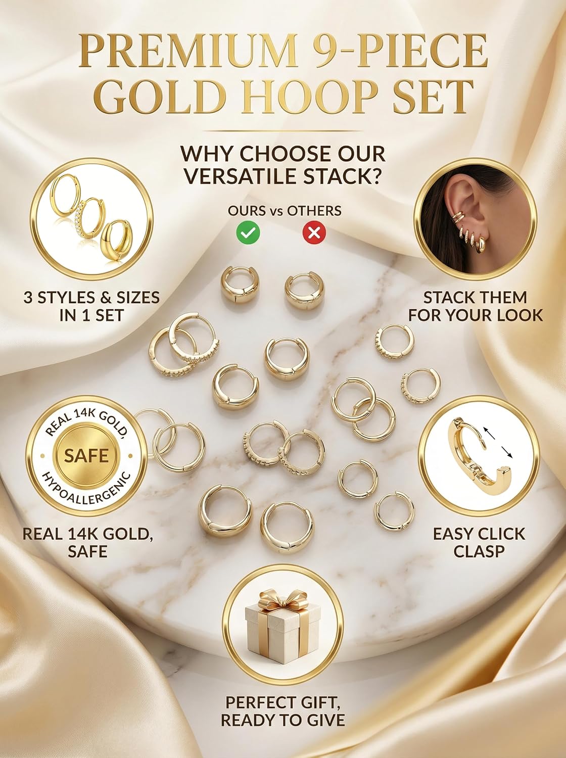 9 Pairs Gold Huggie Hoop Earrings for Women, 14K Gold Plated Stackable Set | Hypoallergenic Small Hoop Earrings, Lightweight Comfortable Huggies, Non Tarnish, Multiple Piercing Set, Great Gift for Women