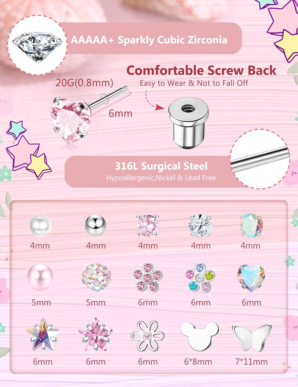 CASSIECA 16Pairs Hypoallergenic Flat Back Earrings for Girls Stud Earrings | Screwback Stud Earrings,FlatBack For Girls Kids Toddler Women,Surgical Steel,Cute Pearl Heart Flower Studs,Jewelry Gift