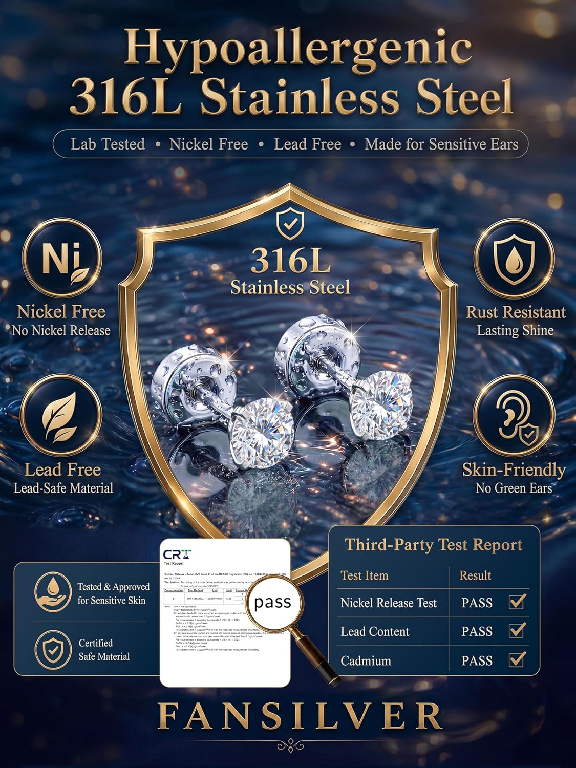 20G Hypoallergenic Flat Back Earrings for Women Men Silver 14K Gold Stainless Steel Stud Earrings Birthstone Cubic Zirconia Studs Surgical Steel Cartilage Earrings for Sensitive Ears
