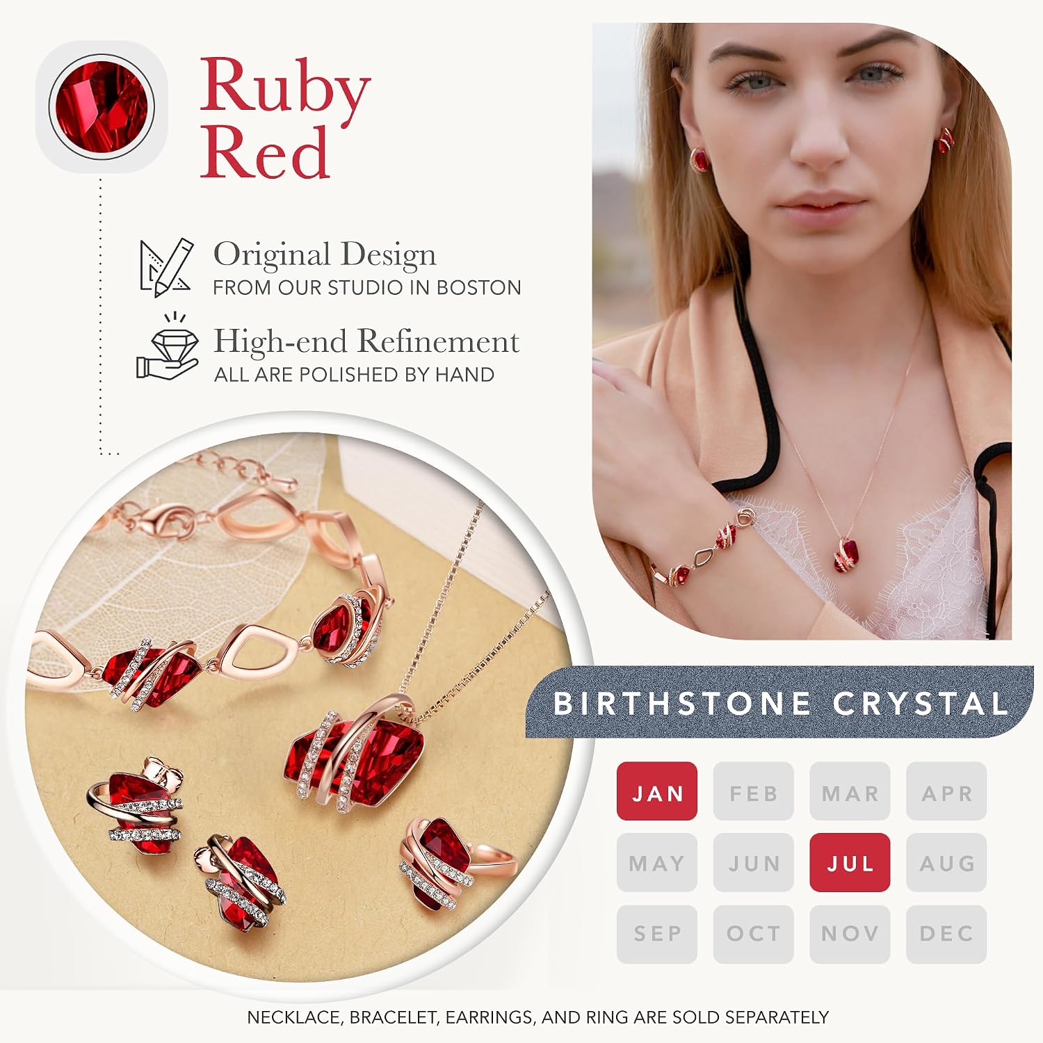 Gift for Women Wish Stone Link Charm Bracelet with Birthstone Crystals, 18K Rose Gold Plated and Silvertone, 7"+2"