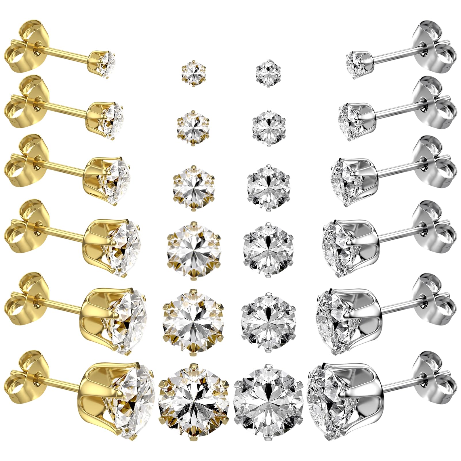 6/12 Pairs Silver Gold Stainless Steel Stud Earrings Set for Women Men | Hypoallergenic, 3 4 5 6 7 8 mm CZ, Lightweight, 14K Gold Plated Surgical 316L, Cubic Zirconia, Multiple Piercing Jewelry