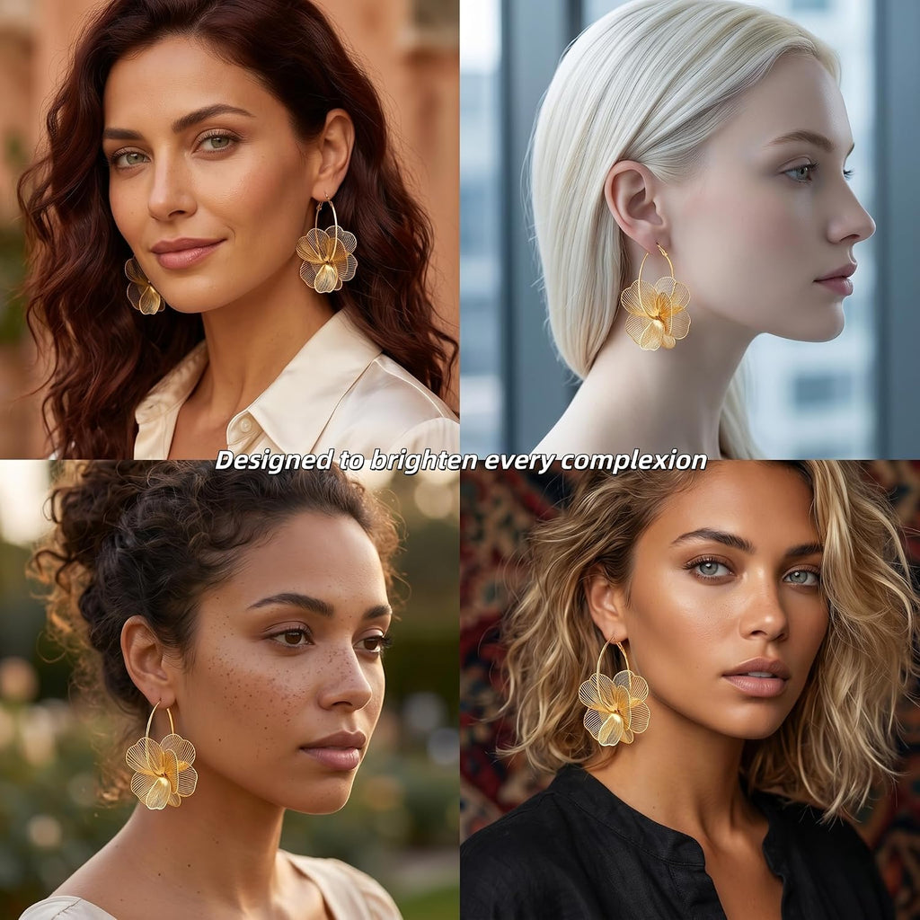 Dangle Flower Gold Earrings for Women, Trendy Statement Hoop Earrings Gifts | Lightweight/Tarnish-resistant