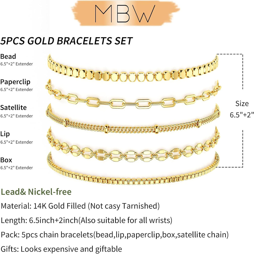 Dainty Simple Gold Bracelets for Women, Stackable Satellite Paperclip Lip Bracelet Set Tiny Lip Dot Chain Box Link for Handmade Gift Minimalist Cute Trendy Jewelry Gold Accessories for Women
