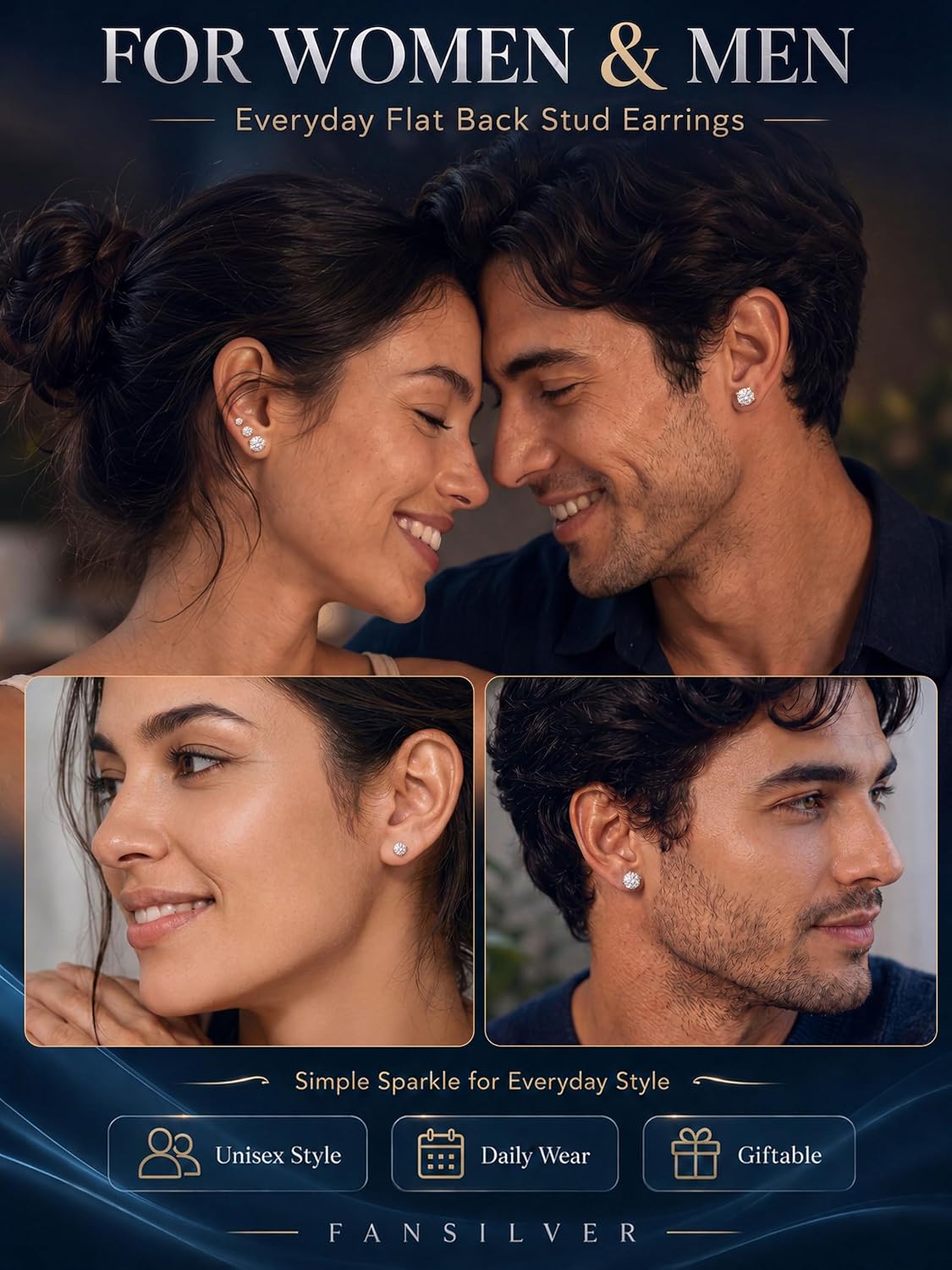 20G Hypoallergenic Flat Back Earrings for Women Men Silver 14K Gold Stainless Steel Stud Earrings Birthstone Cubic Zirconia Studs Surgical Steel Cartilage Earrings for Sensitive Ears