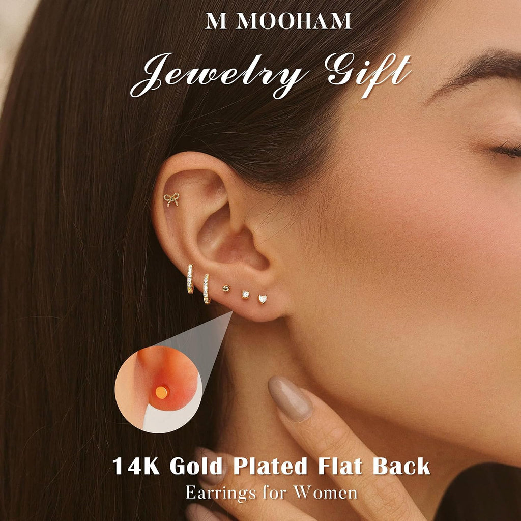 M MOOHAM 9 Pairs Flat Back Earring Stack Set for Women Teen Girls | Hypoallergenic Earrings, 14K Gold Plated Huggie Hoop Stud Earring, Small Cute Bow Cartilage Earrings, Trendy Jewelry Gifts