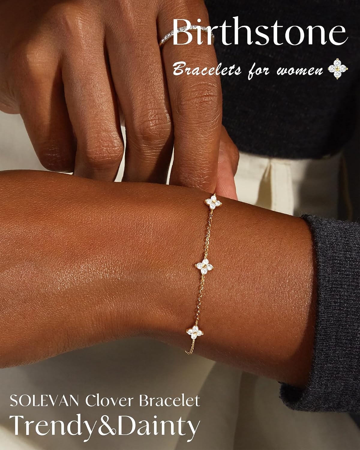 Clover Birthstone Gold Bracelets for Women Trendy Non Tarnish Gifts | Dainty Gold Bracelet Stack, 14K Gold Plated, Cute Stackable Charm Bracelet, Friendship Wedding Gold Jewelry, Birthday Gifts