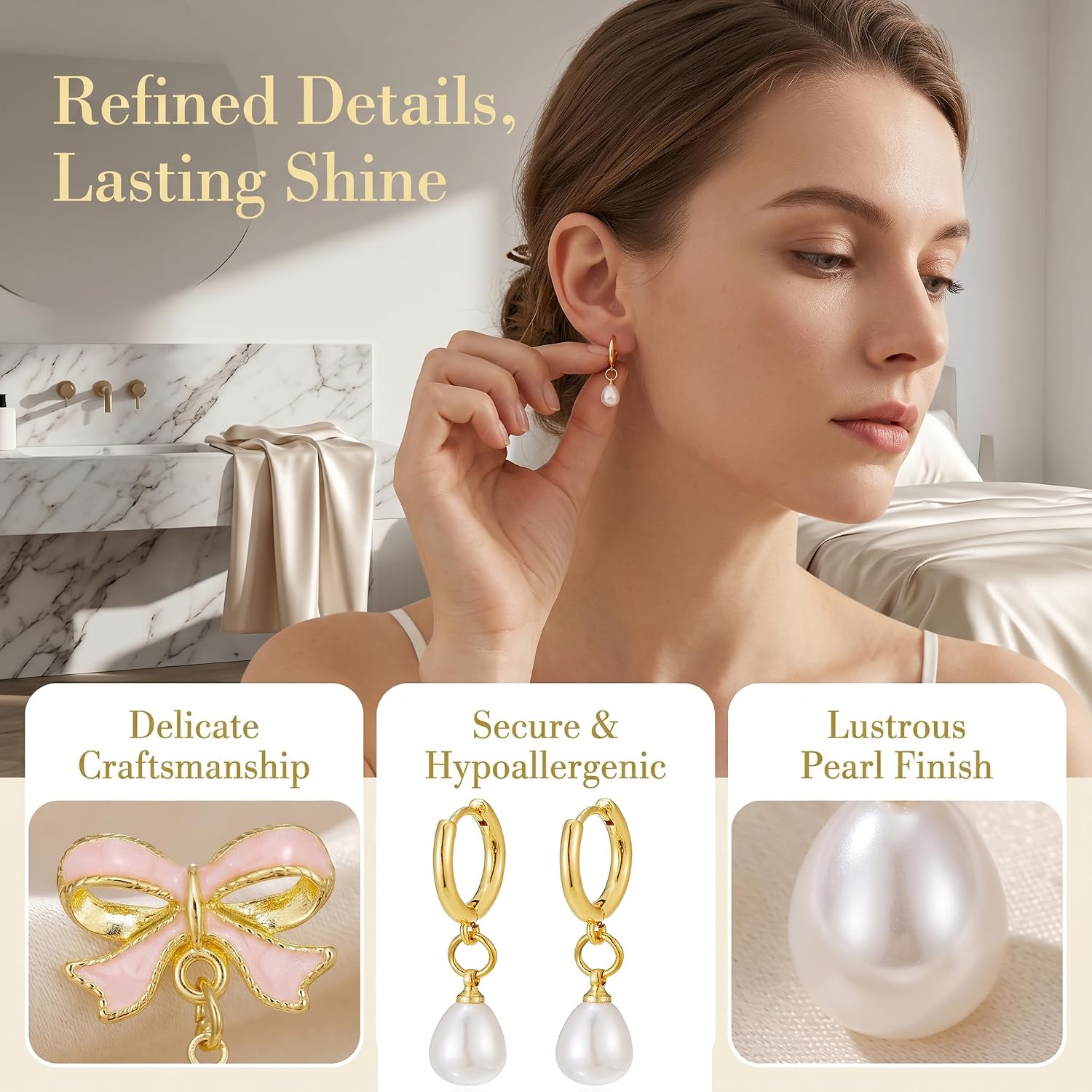 4 Pairs Dainty Pearl Earrings Set for Women | Hypoallergenic 14K Gold Plated White Pearl Ball Stud Dangle Hoop Earrings Pack for Sensitive Ears, Bridal Studs Jewelry