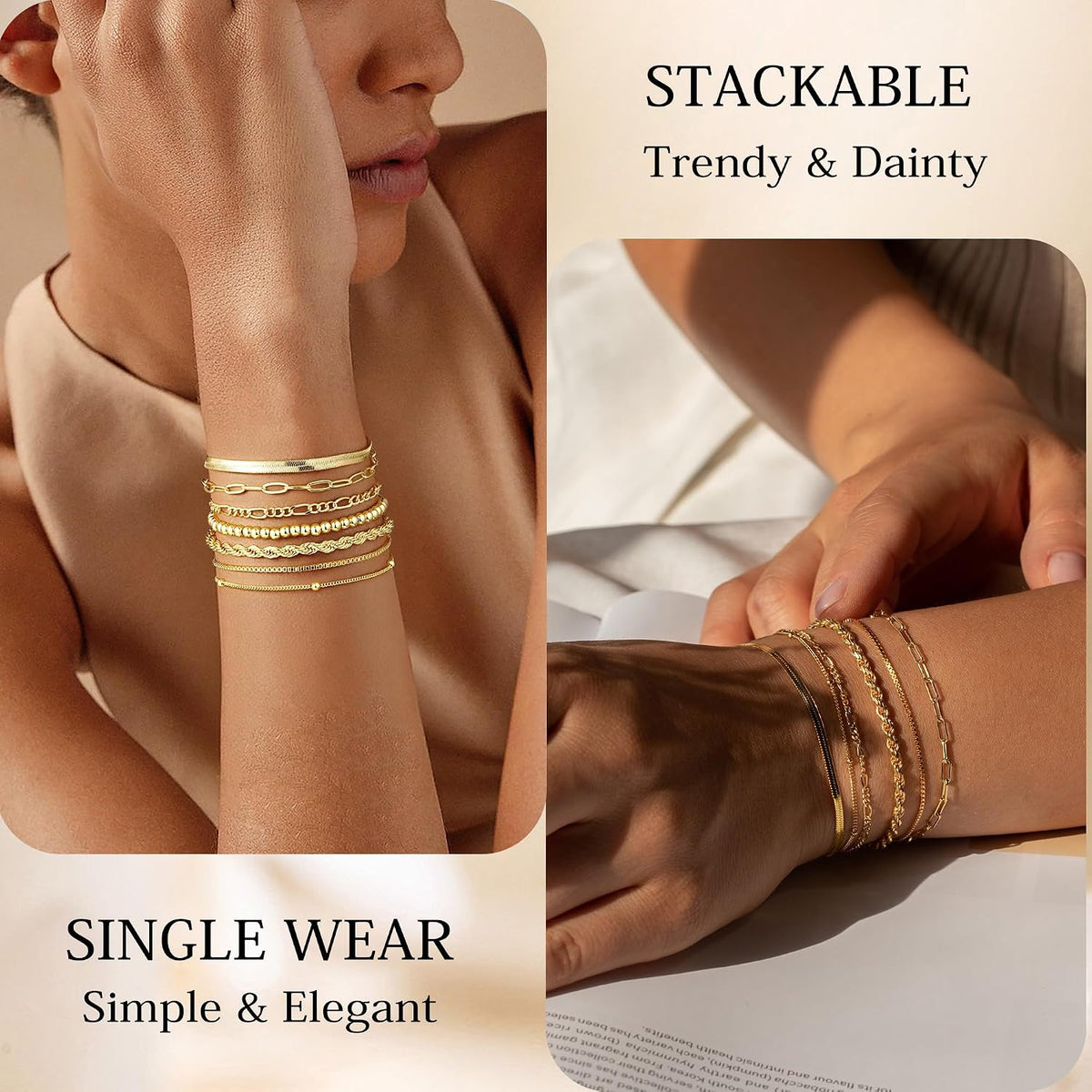 M MOOHAM 7PCS Gold Bracelets for Women, 14K Gold Plated Beaded Bracelet Set | Rope Paperclip Chain Stackable Bracelet, Non Tarnish Bracelet Stack, Friendship Birthday Jewelry, Gifts for Women Teen Girls