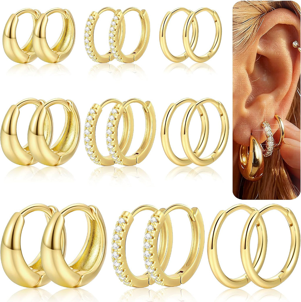 9 Pairs Gold Huggie Hoop Earrings for Women, 14K Gold Plated Stackable Set | Hypoallergenic Small Hoop Earrings, Lightweight Comfortable Huggies, Non Tarnish, Multiple Piercing Set, Great Gift for Women