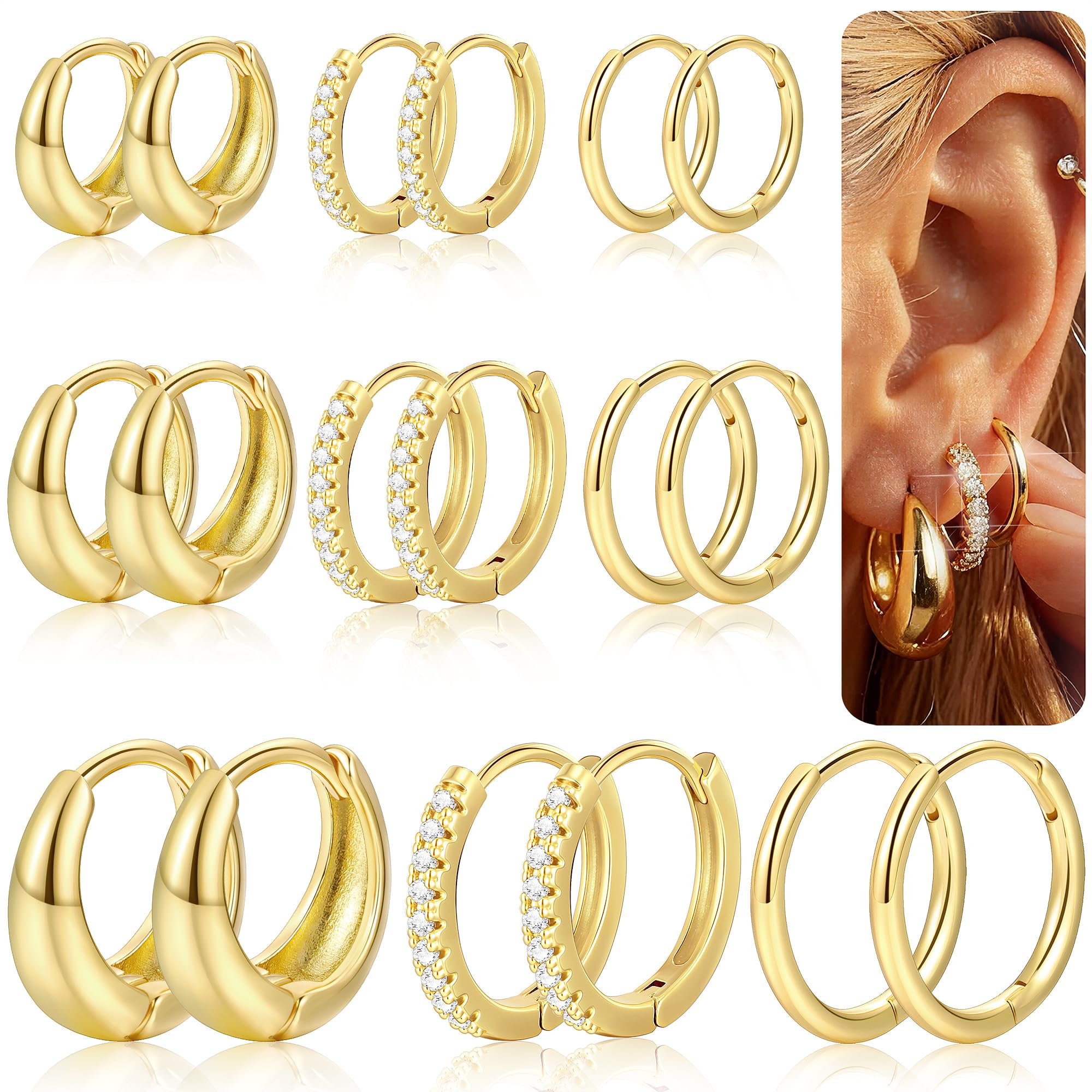 9 Pairs Gold Huggie Hoop Earrings for Women, 14K Gold Plated Stackable Set | Hypoallergenic Small Hoop Earrings, Lightweight Comfortable Huggies, Non Tarnish, Multiple Piercing Set, Great Gift for Women