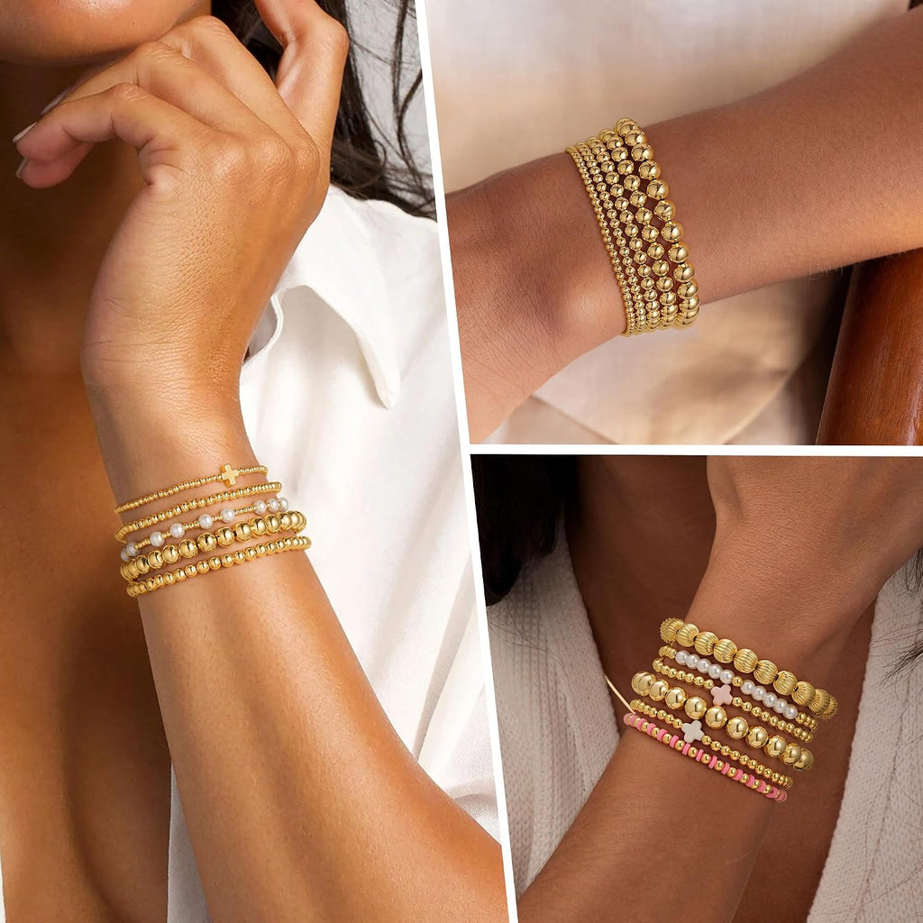 Yoosteel Gold Beaded Bracelets for Women Teen Girls, Gold Plated Jewelry | Gold Stackable Stretch Bracelets, Dainty Round Beaded Pearl Cross Bracelet Stack, Women Teenage Girls Birthday Gifts Jewelry