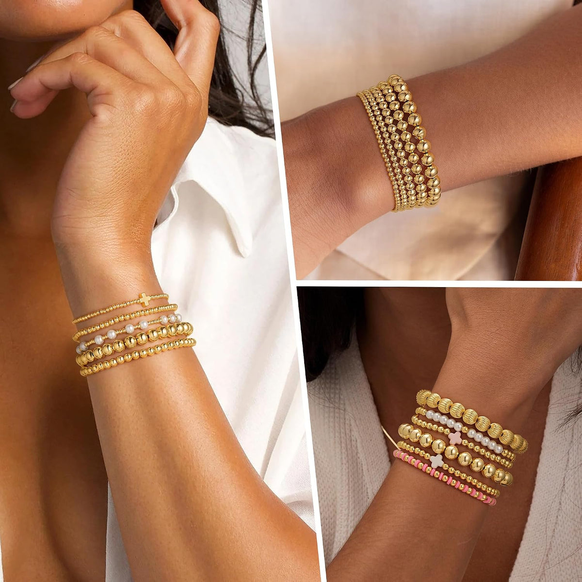 Yoosteel Gold Beaded Bracelets for Women Teen Girls, Gold Plated Jewelry | Gold Stackable Stretch Bracelets, Dainty Round Beaded Pearl Cross Bracelet Stack, Women Teenage Girls Birthday Gifts Jewelry