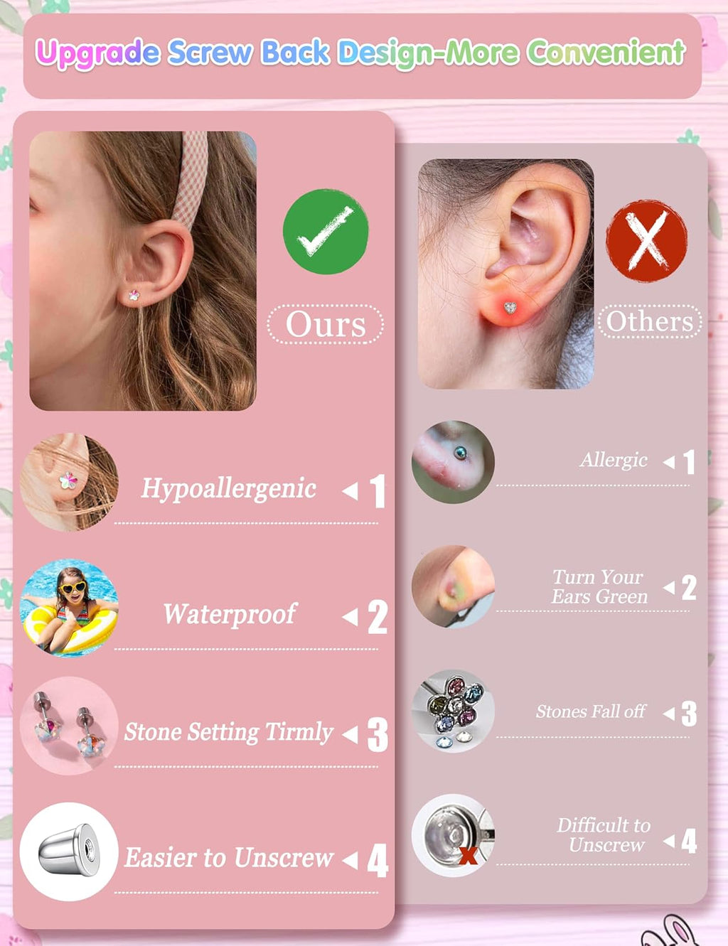 CASSIECA 16Pairs Hypoallergenic Flat Back Earrings for Girls Stud Earrings | Screwback Stud Earrings,FlatBack For Girls Kids Toddler Women,Surgical Steel,Cute Pearl Heart Flower Studs,Jewelry Gift