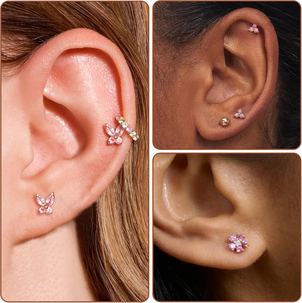 20G Gold Pink Studs Earrings for Women,14K Gold Plated Hypoallergenic Butterfly Earrings for Girls,4 Pairs Flower/Butterfly/Cubic Zirconia Cute Earring and Trendy Huggie Hoop Dainty Multipack Earring Sets