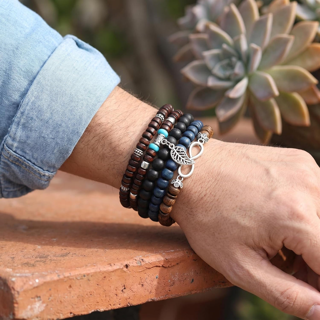 SONNYX 43Pcs Punk Wooden Beads Bracelets Gothic Bracelet for Men Adjustable Vintage Beaded Bracelet Metal Set Wood Bangles Wristbands Commemorative Gift