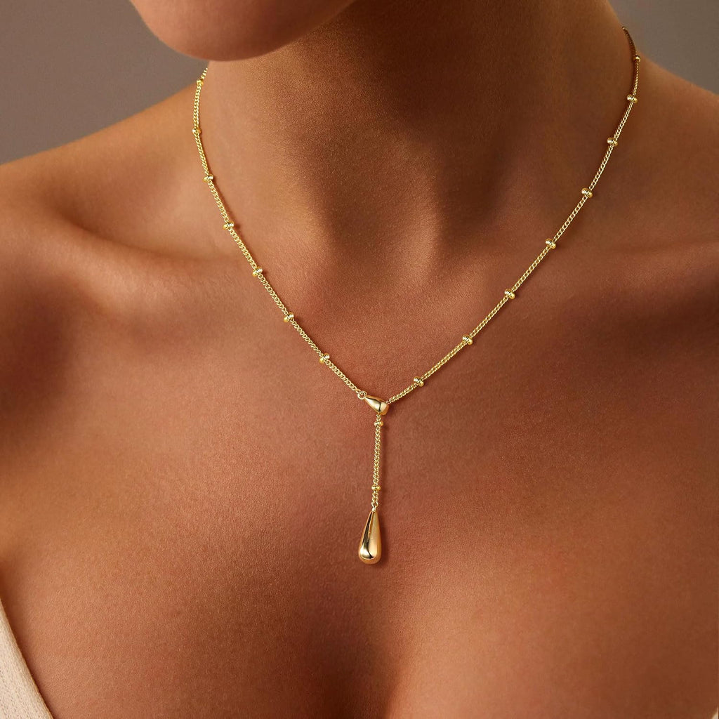 M MOOHAM Gold Necklace for Women, 14K Gold Plated Small Pendant Jewelry | Gold Beaded Chain Necklace, Simple Pearl Circle Beads Teardrop Pendant, Birthday Gifts for Women Teen Girls