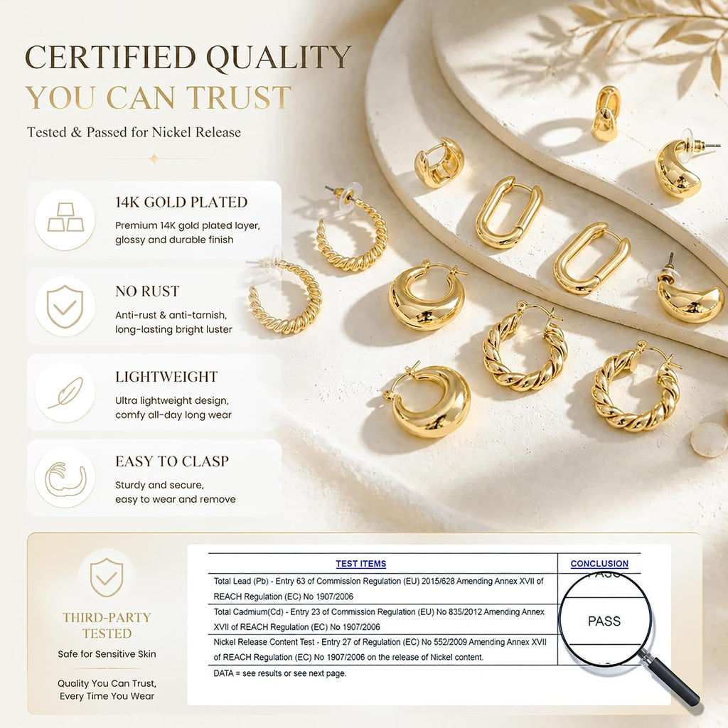 6 Pairs 14K Gold Plated Hoop Earrings for Women Lightweight Chunky Hoop Earrings Multipack Hypoallergenic, Thick Open Twisted Huggie Hoops Earring Set Jewelry for Gifts.