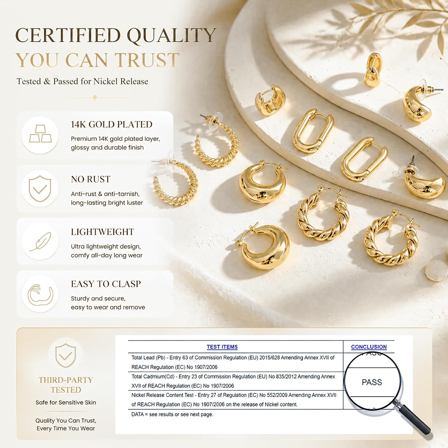 6 Pairs 14K Gold Plated Hoop Earrings for Women Lightweight Chunky Hoop Earrings Multipack Hypoallergenic, Thick Open Twisted Huggie Hoops Earring Set Jewelry for Gifts.
