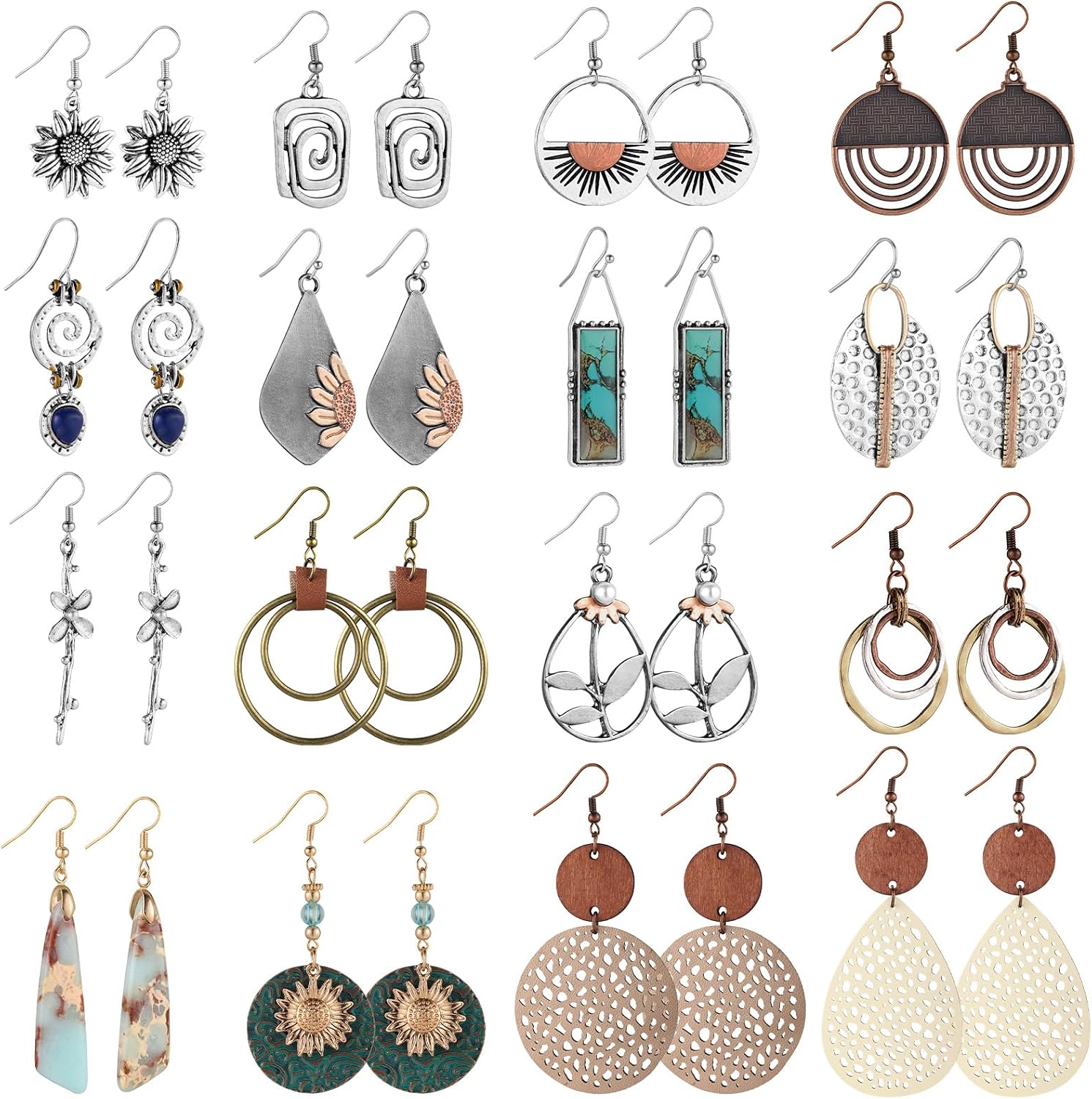 16 Pairs Earrings for Women Trendy, Funtopia Boho Dangle Earrings for Women | Vintage Statement Sunflower Round Geometric Earrings Wooden Leather Earrings