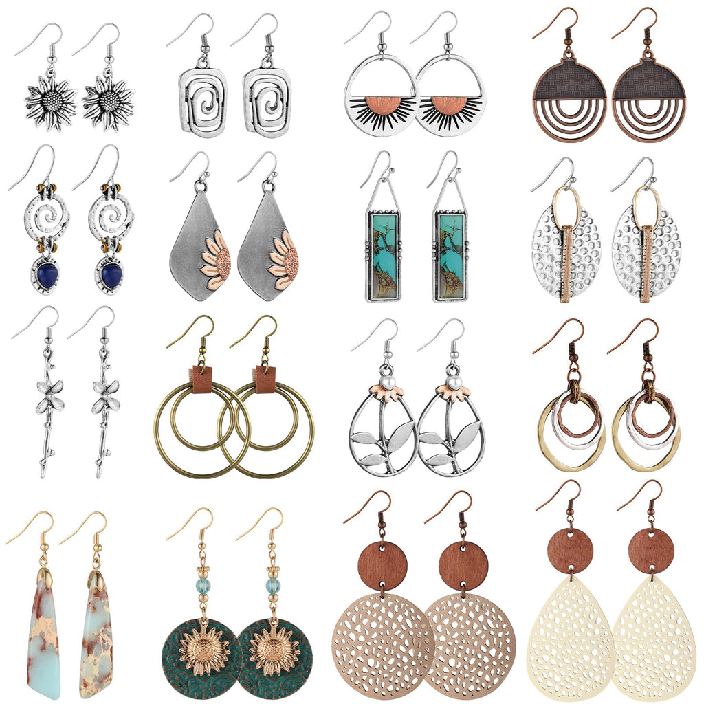 16 Pairs Earrings for Women Trendy, Funtopia Boho Dangle Earrings for Women | Vintage Statement Sunflower Round Geometric Earrings Wooden Leather Earrings