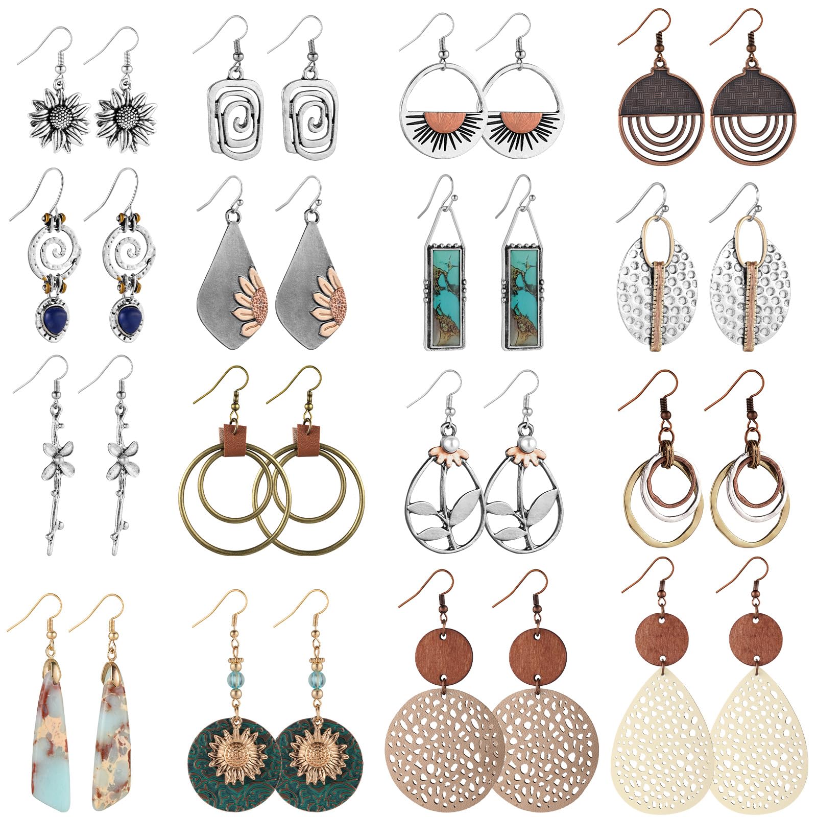 16 Pairs Earrings for Women Trendy, Funtopia Boho Dangle Earrings for Women | Vintage Statement Sunflower Round Geometric Earrings Wooden Leather Earrings