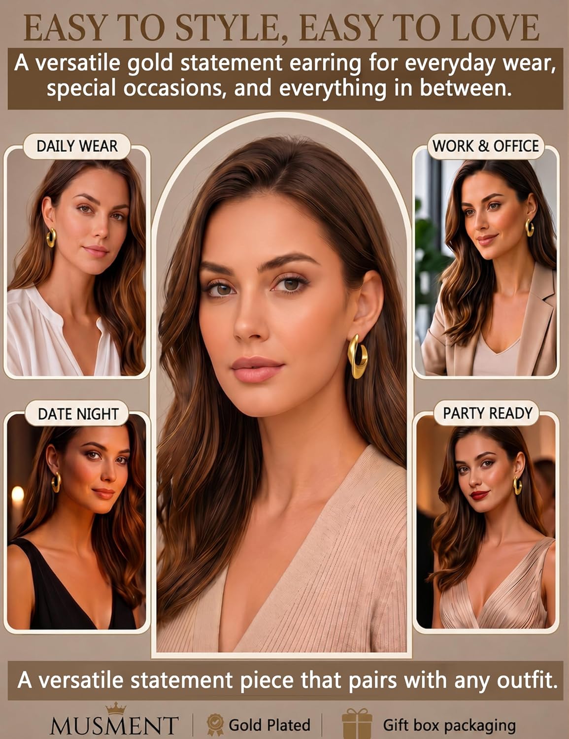 Musment® Gold Earrings for Women,14K Gold Plated Chunky Teardrop Hoop Stud Earrings for Sensitive Ears, Hypoallergenic Trendy Statement Jewelry Gift with Box for Daily Wear