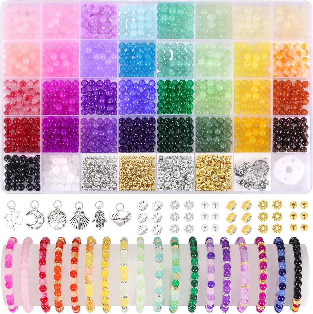Funtopia 1368pcs 6mm Glass Beads for Bracelets Jewelry Making Supplies | 34 Colors Crystal Round Glass Beads for DIY Earrings Necklace Crafts with Spacer Beads and Charms, Solid and Gradient Colors