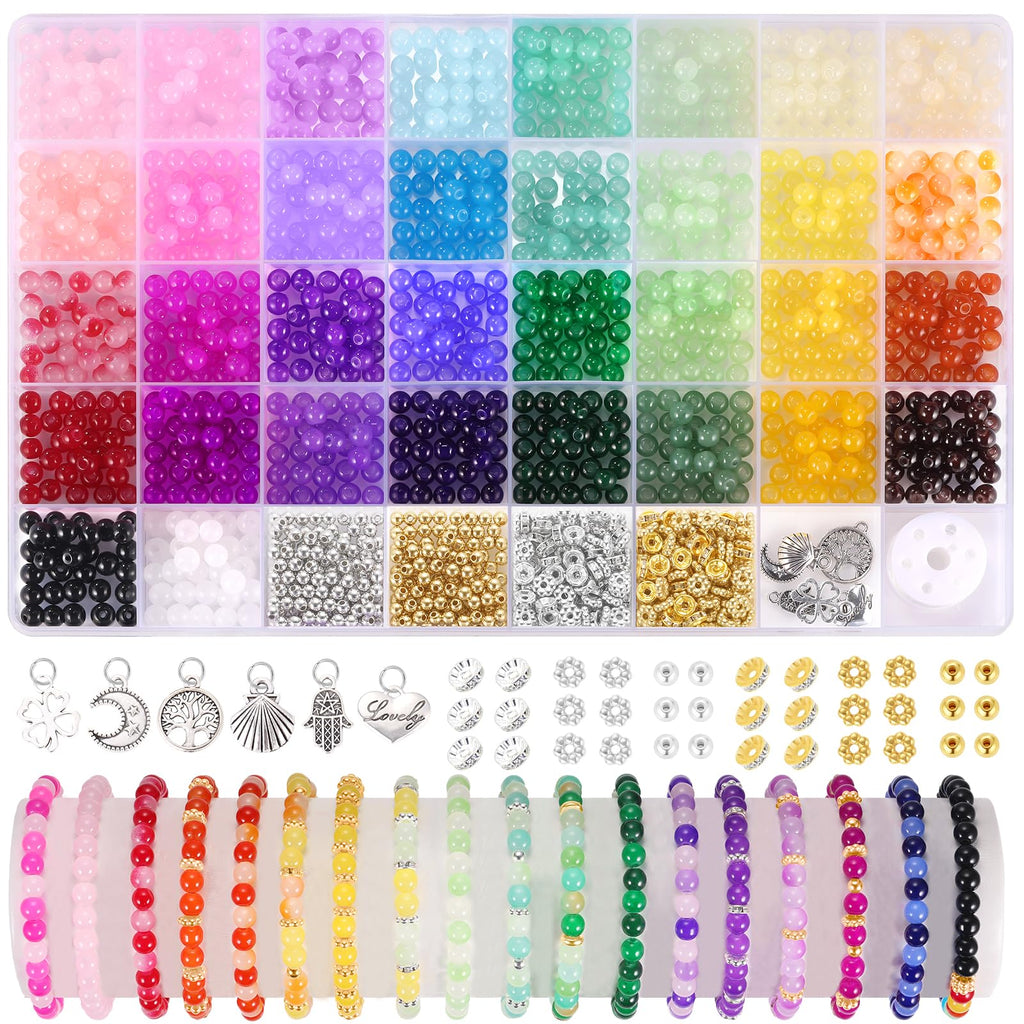 Funtopia 1368pcs 6mm Glass Beads for Bracelets Jewelry Making Supplies | 34 Colors Crystal Round Glass Beads for DIY Earrings Necklace Crafts with Spacer Beads and Charms, Solid and Gradient Colors