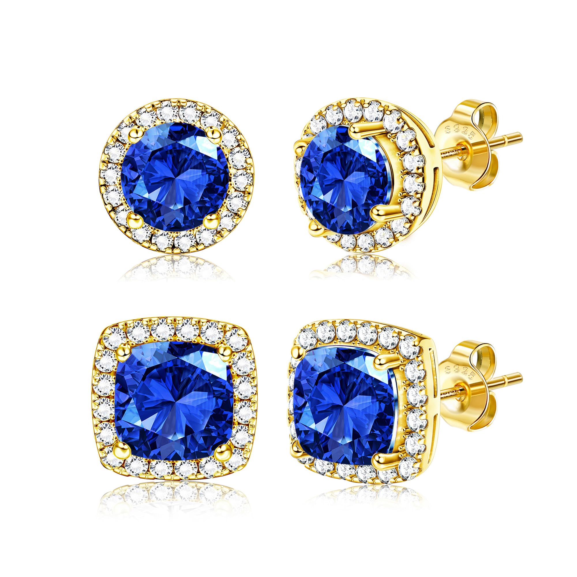 18K Gold Plated Halo Stud Earrings 925 Sterling Silver Cubic Zirconia Stud Earrings Round Square Diamonique Stud Earrings Set for Women Men