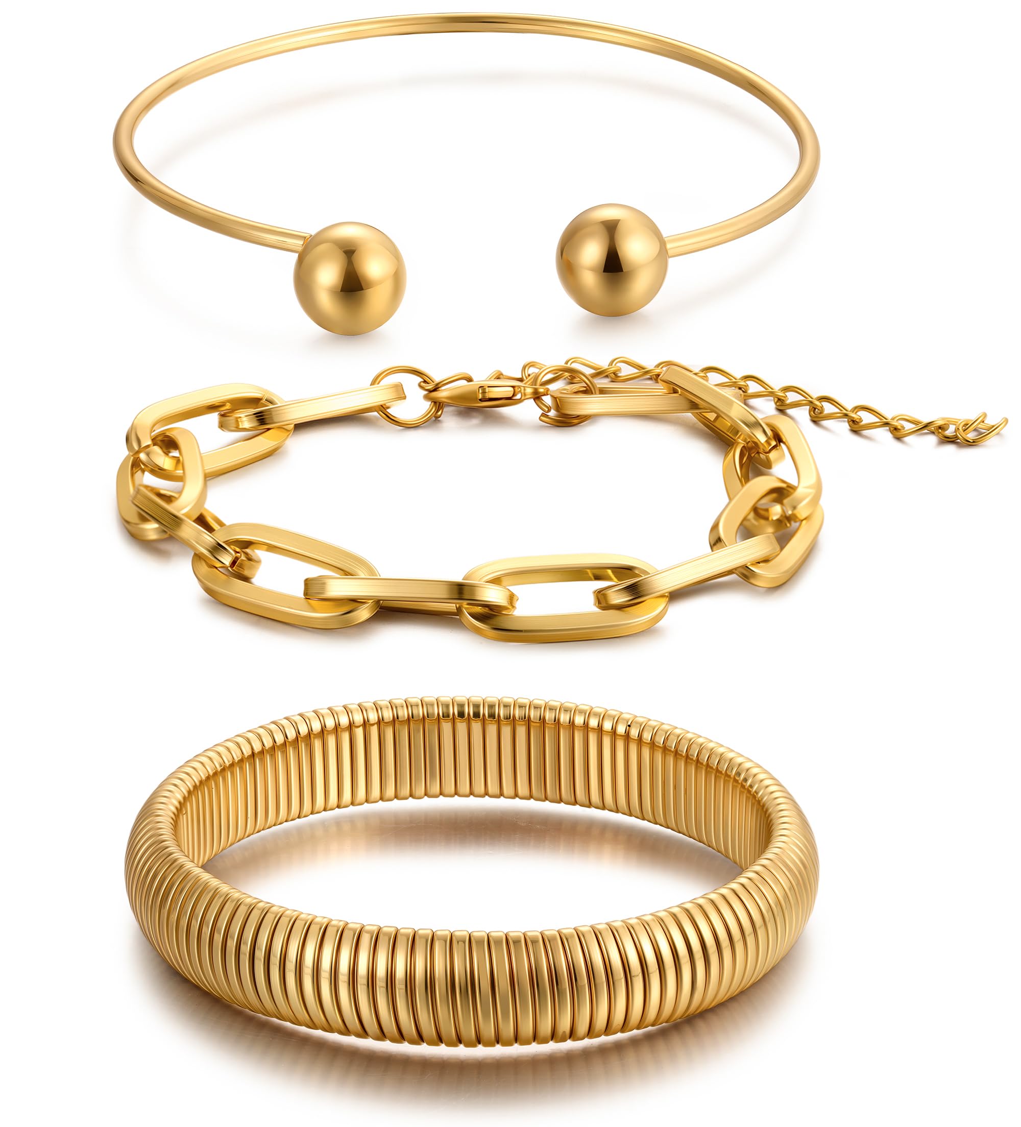 Chunky Gold Bangle Bracelets for Women, Dainty 14k Gold Plated Big Stackable Bangles Set, Trendy Statement Cuff Bracelet Stack Fashion Jewelry Gifts