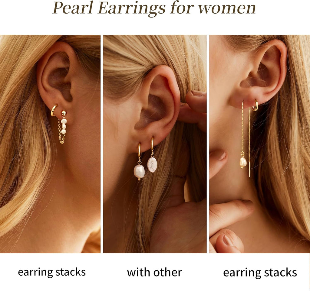 Moodear Gold Earrings for Women, 14K Plated Pearl Huggie Hoop Drop Jewelry | Hypoallergenic Lightweight Pearl Hoop Earrings Designed for Multiple Piercings, Cartilage Styling with Everyday Wear