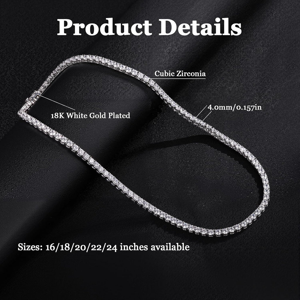 Gemsme 4.0mm CZ Tennis Necklace, 18K White/Yellow Gold Plated 4.0mm Round Cubic Zirconia Classic Tennis Necklace 16-24 Inches