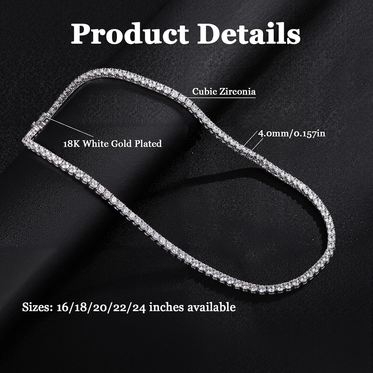 Gemsme 4.0mm CZ Tennis Necklace, 18K White/Yellow Gold Plated 4.0mm Round Cubic Zirconia Classic Tennis Necklace 16-24 Inches