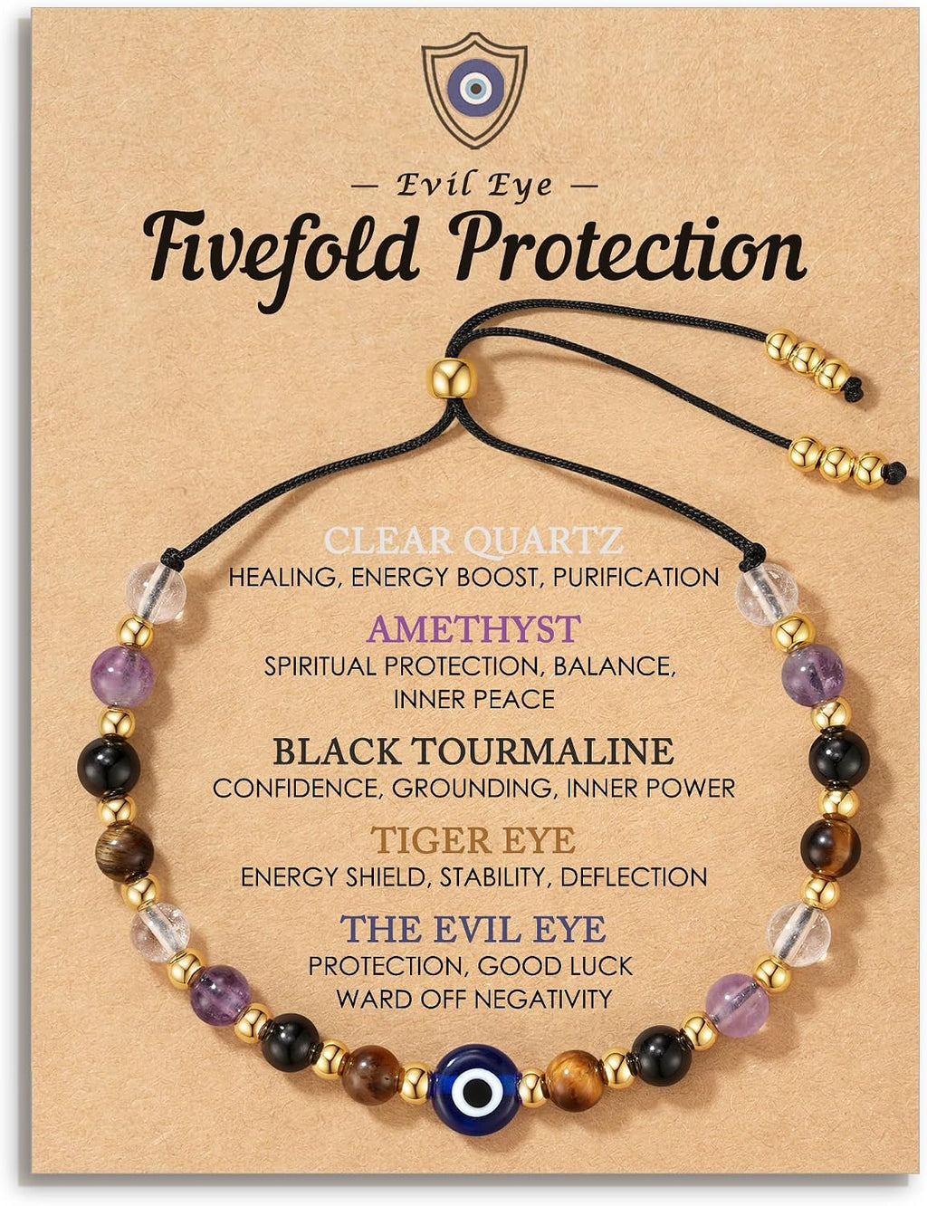 HGDEER Evil Eye Bracelets, Crystal Lucky Protection Gifts for Women Girls | Amethyst Clear Quartz Black Tourmaline & Tiger Eye 4mm Beads, Mal de Ojo Good Luck Charm, Adjustable String Fits 10.2 in