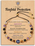 HGDEER Evil Eye Bracelets, Crystal Lucky Protection Gifts for Women Girls | Amethyst Clear Quartz Black Tourmaline & Tiger Eye 4mm Beads, Mal de Ojo Good Luck Charm, Adjustable String Fits 10.2 in