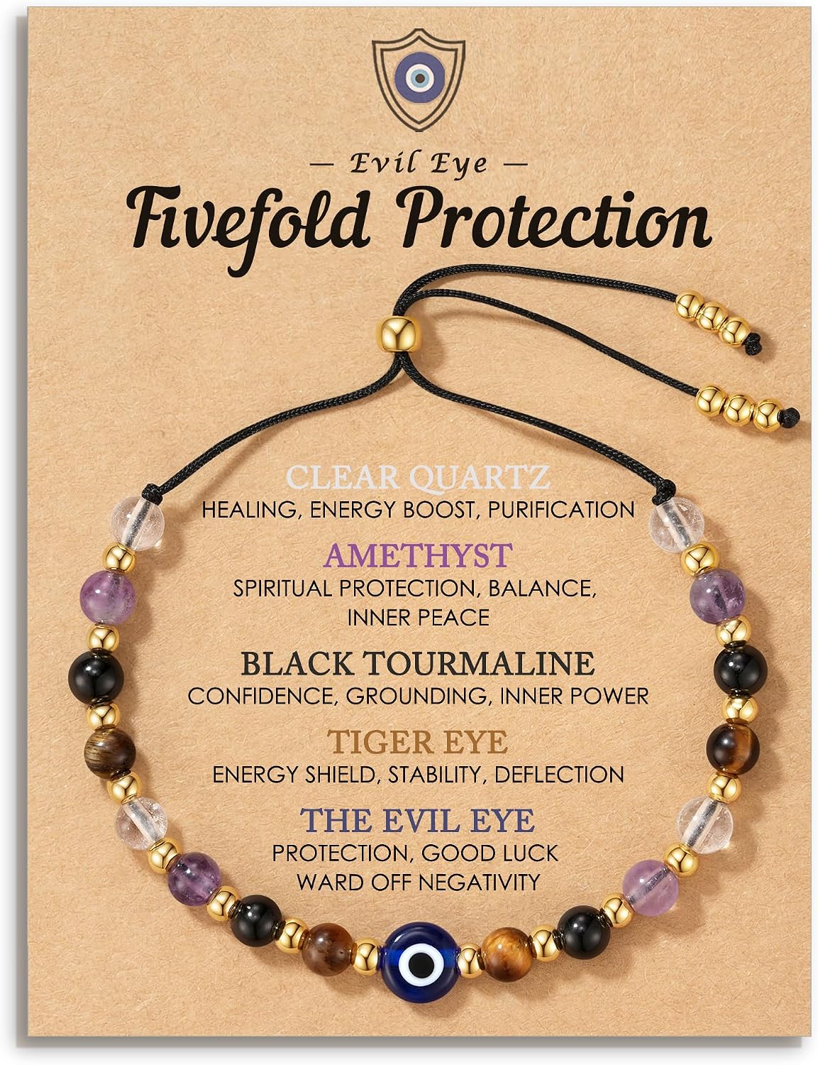 HGDEER Evil Eye Bracelets, Crystal Lucky Protection Gifts for Women Girls | Amethyst Clear Quartz Black Tourmaline & Tiger Eye 4mm Beads, Mal de Ojo Good Luck Charm, Adjustable String Fits 10.2 in