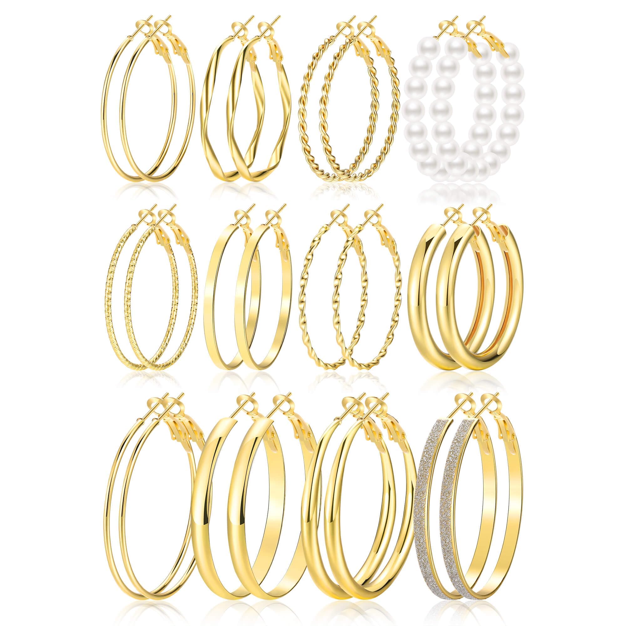 12 Pairs Gold Hoop Earrings Set for Women，Fashion Jewelry Gifts 40mm/50mm | Large/Big, Trendy, Pearl, Multiple Styles, lightweight, 14K Gold-plated, Hypoallergenic, Great for Party/Gathering/Work/Daily