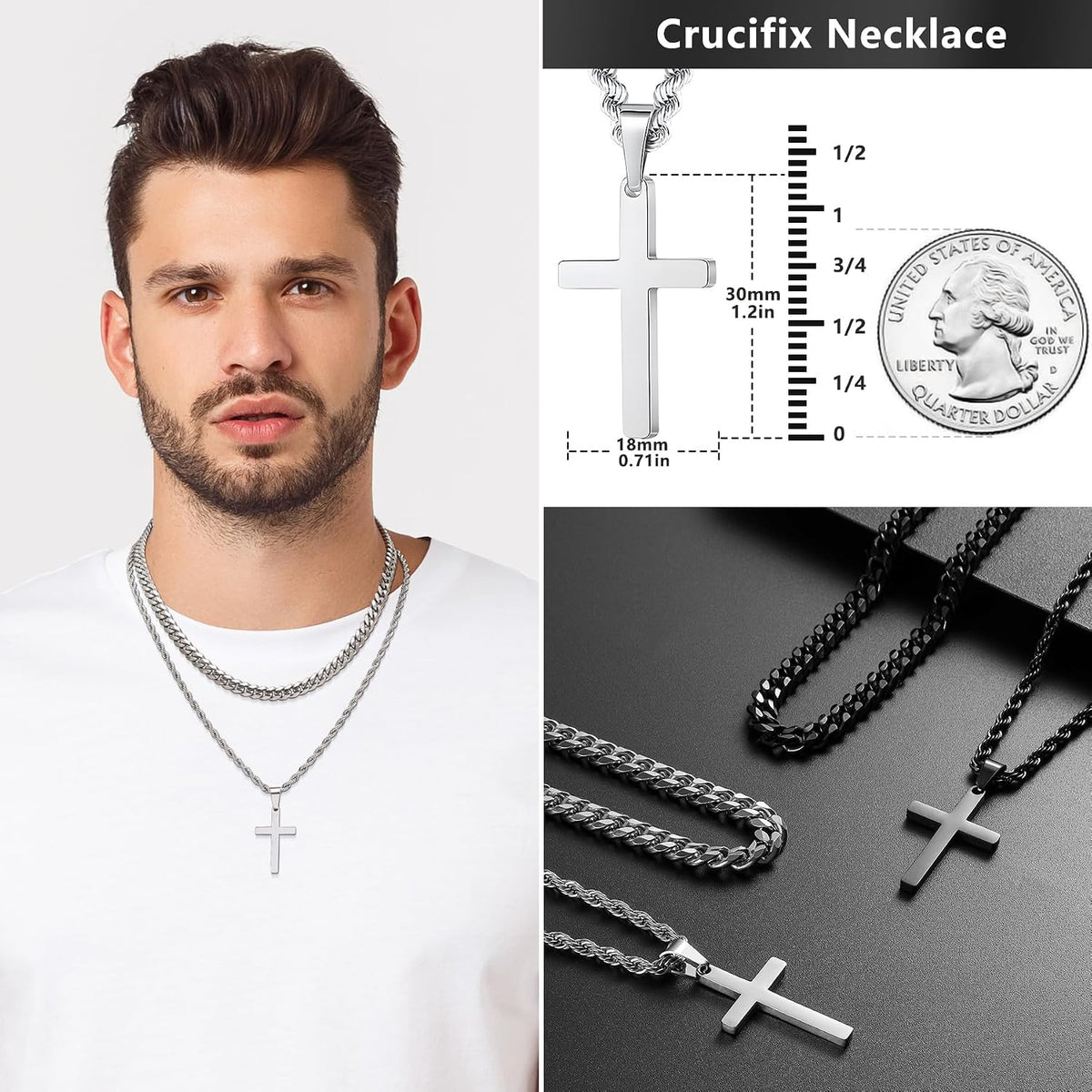 Romass 4Pcs Cross Necklace for Men Teen Boys,Stainless Steel Chains for Men Layered Necklaces Silver Gold Black Pendant Jewelry Box Gifts 18-24 Inches