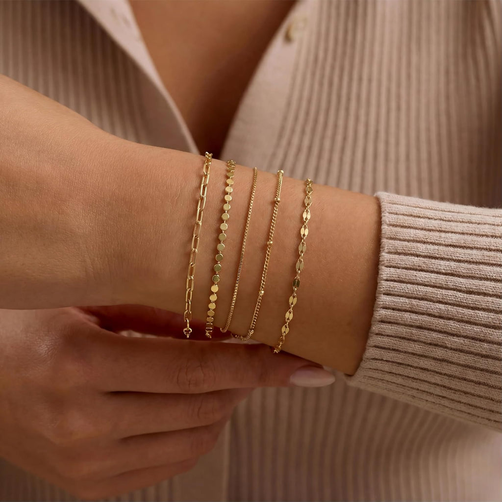 Dainty Simple Gold Bracelets for Women, Stackable Satellite Paperclip Lip Bracelet Set Tiny Lip Dot Chain Box Link for Handmade Gift Minimalist Cute Trendy Jewelry Gold Accessories for Women