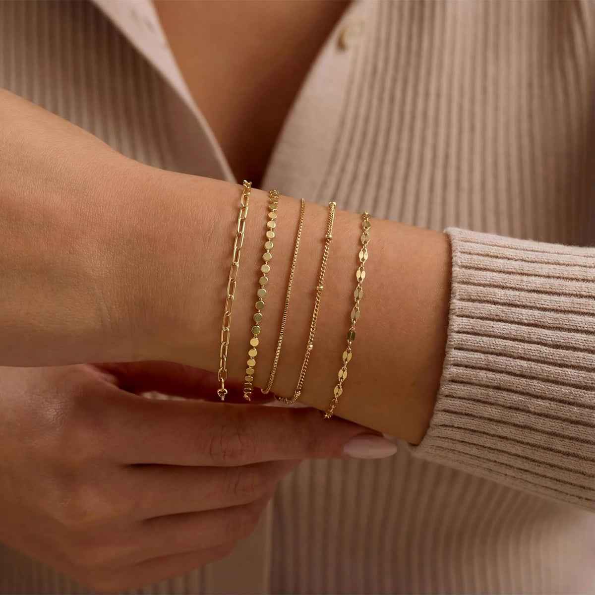 Dainty Simple Gold Bracelets for Women, Stackable Satellite Paperclip Lip Bracelet Set Tiny Lip Dot Chain Box Link for Handmade Gift Minimalist Cute Trendy Jewelry Gold Accessories for Women
