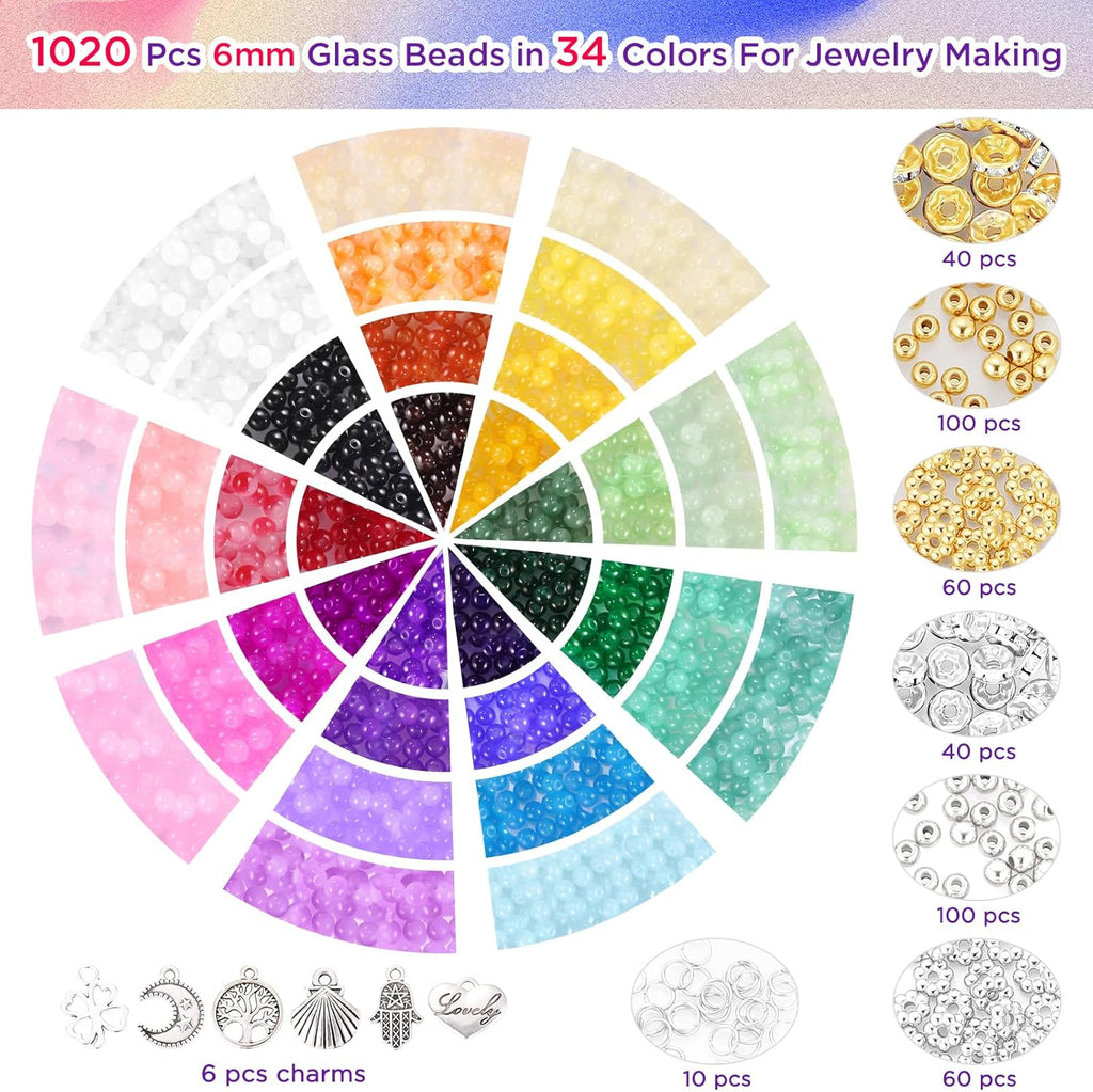 Funtopia 1368pcs 6mm Glass Beads for Bracelets Jewelry Making Supplies | 34 Colors Crystal Round Glass Beads for DIY Earrings Necklace Crafts with Spacer Beads and Charms, Solid and Gradient Colors