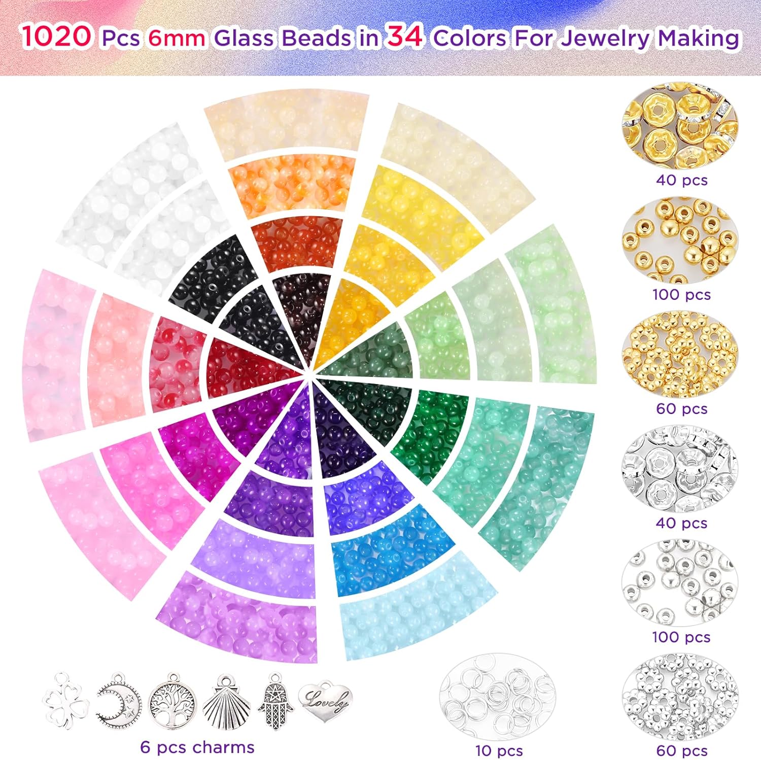 Funtopia 1368pcs 6mm Glass Beads for Bracelets Jewelry Making Supplies | 34 Colors Crystal Round Glass Beads for DIY Earrings Necklace Crafts with Spacer Beads and Charms, Solid and Gradient Colors