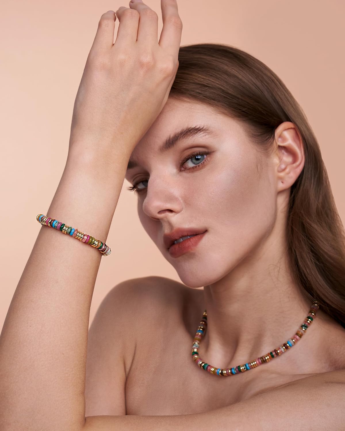 SNGIA Colorful 18K Gold Plated Bracelets for Women, Stack Bangle Beaded Stone Jewelry Accessories Set for Woman, Trendy Fashion Jewelry Gifts