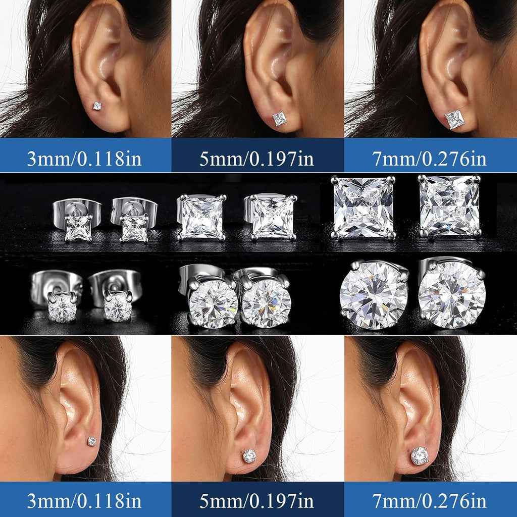 6 Pairs Stud Earrings for Men Women 316L Stainless Steel Earring | Hypoallergenic 3mm/5mm/7mm Princess & Round Cubic Zirconia Earring Set Surgical Steel CZ Ear Jewelry for Sensitive ears