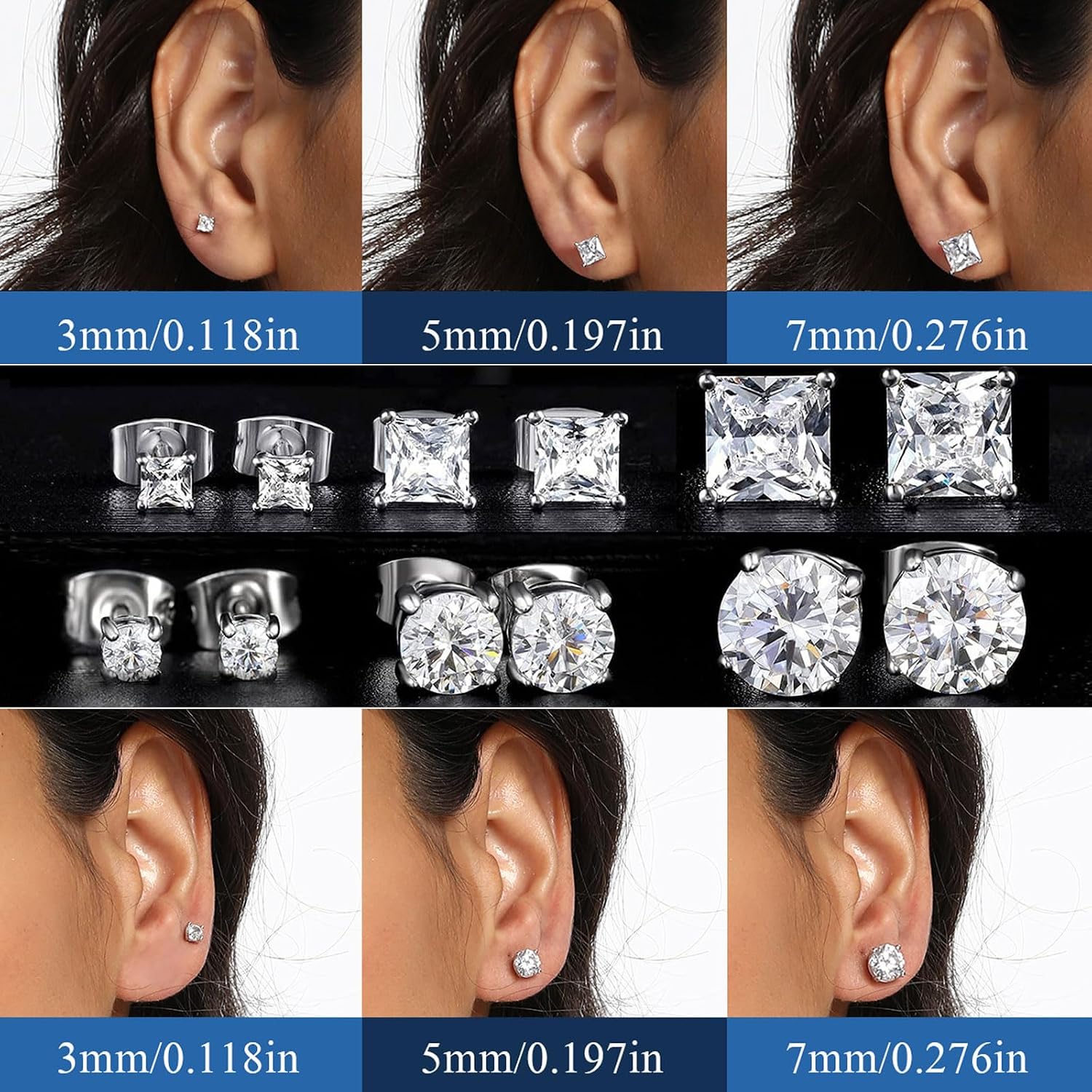 6 Pairs Stud Earrings for Men Women 316L Stainless Steel Earring | Hypoallergenic 3mm/5mm/7mm Princess & Round Cubic Zirconia Earring Set Surgical Steel CZ Ear Jewelry for Sensitive ears