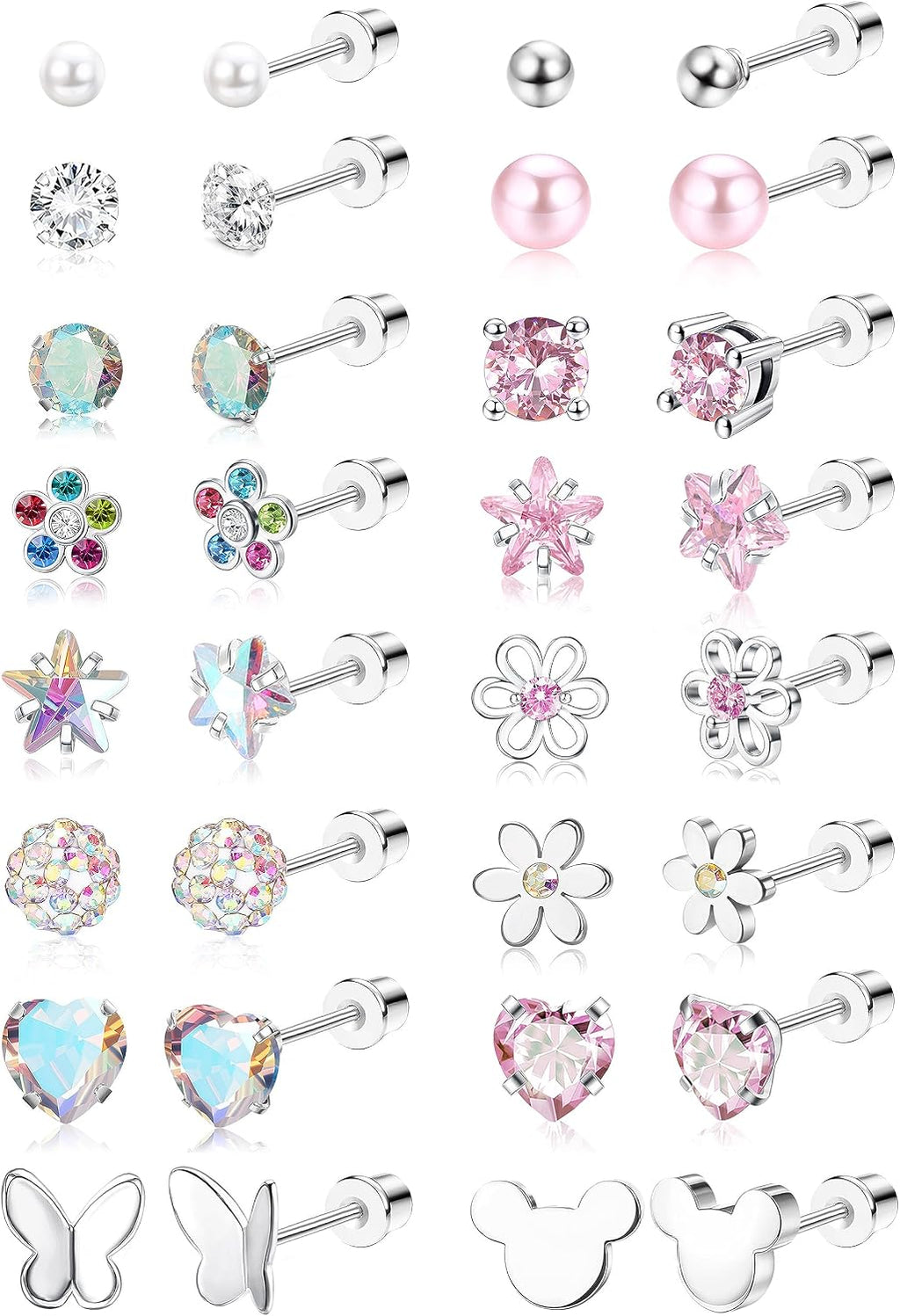 CASSIECA 16Pairs Hypoallergenic Flat Back Earrings for Girls Stud Earrings | Screwback Stud Earrings,FlatBack For Girls Kids Toddler Women,Surgical Steel,Cute Pearl Heart Flower Studs,Jewelry Gift