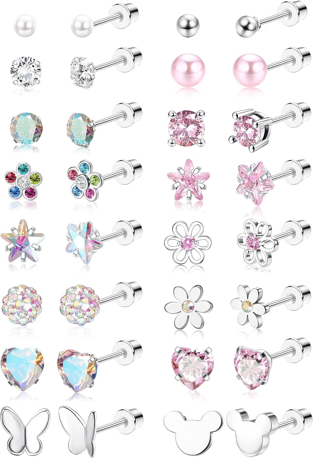 CASSIECA 16Pairs Hypoallergenic Flat Back Earrings for Girls Stud Earrings | Screwback Stud Earrings,FlatBack For Girls Kids Toddler Women,Surgical Steel,Cute Pearl Heart Flower Studs,Jewelry Gift